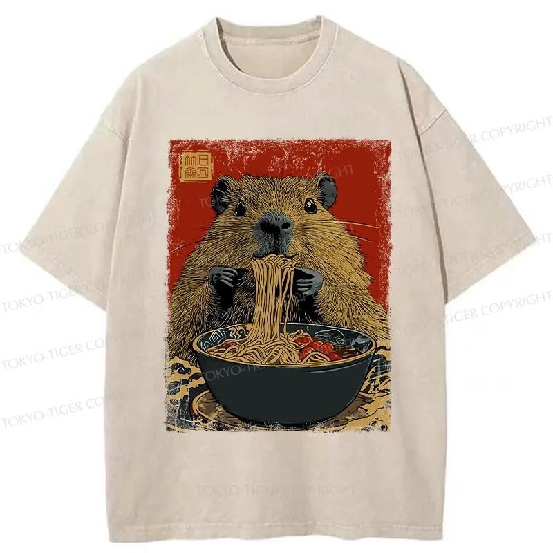 Tokyo-Tiger Capybara Ramen Lover Washed T-Shirt Sale