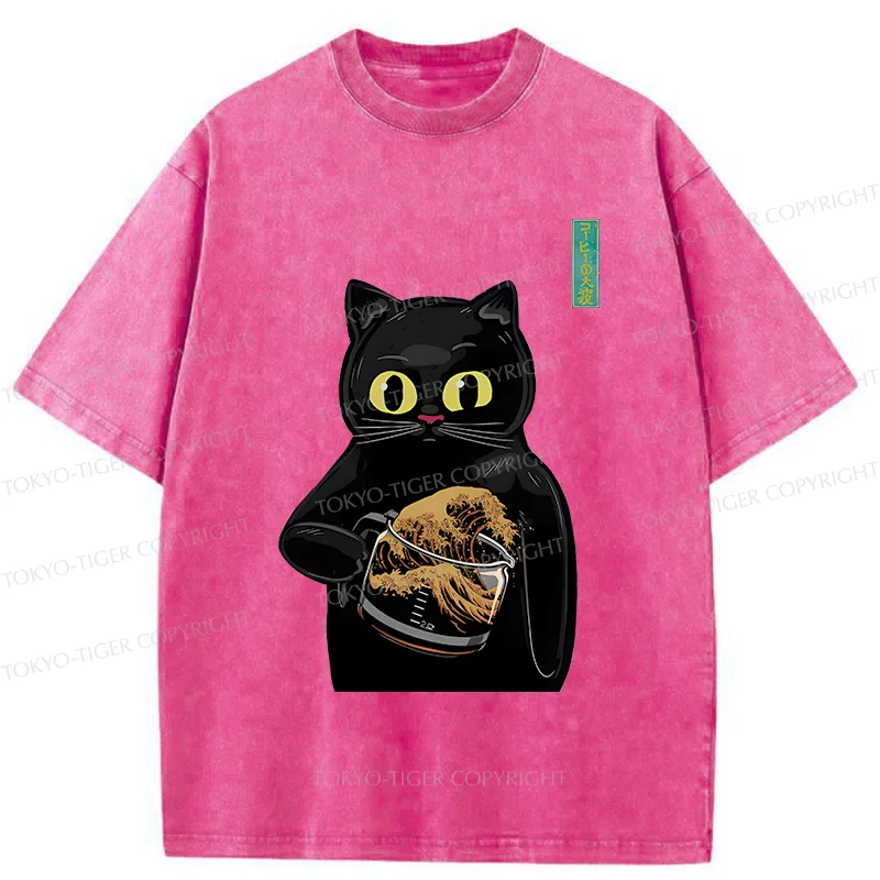 Tokyo-Tiger Black Cat Holding Coffee Washed T-Shirt