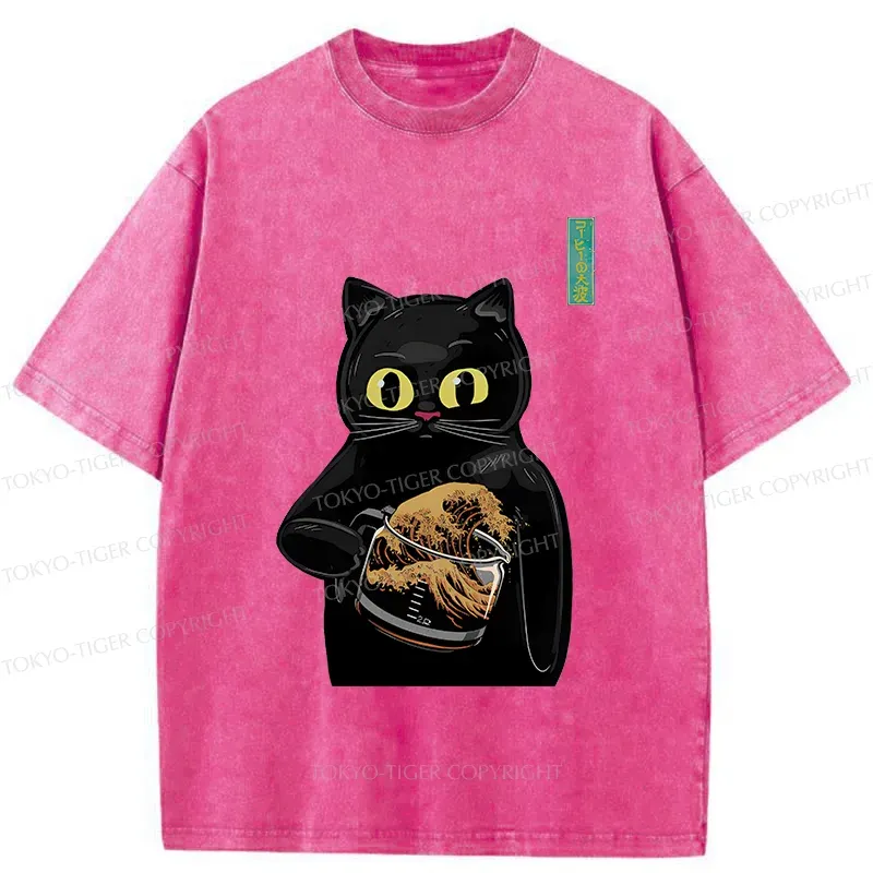 Tokyo-Tiger Black Cat Holding Coffee Washed T-Shirt