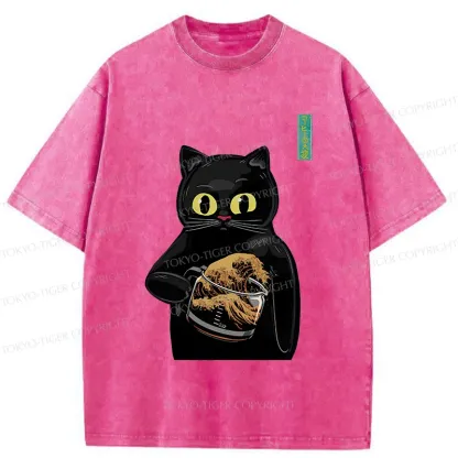 Tokyo-Tiger Black Cat Holding Coffee Washed T-Shirt