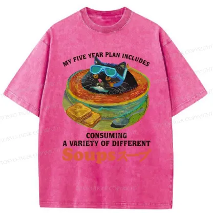 Tokyo-Tiger Cat Drinking Soup Washed T-Shirt