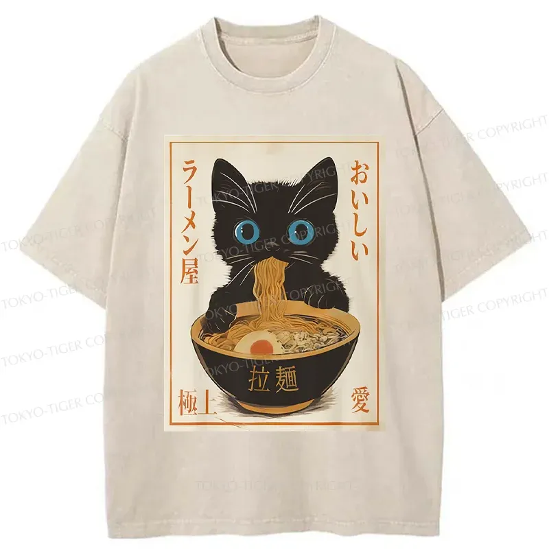 Tokyo-Tiger Vintage Cat Eating Ramen Washed T-Shirt