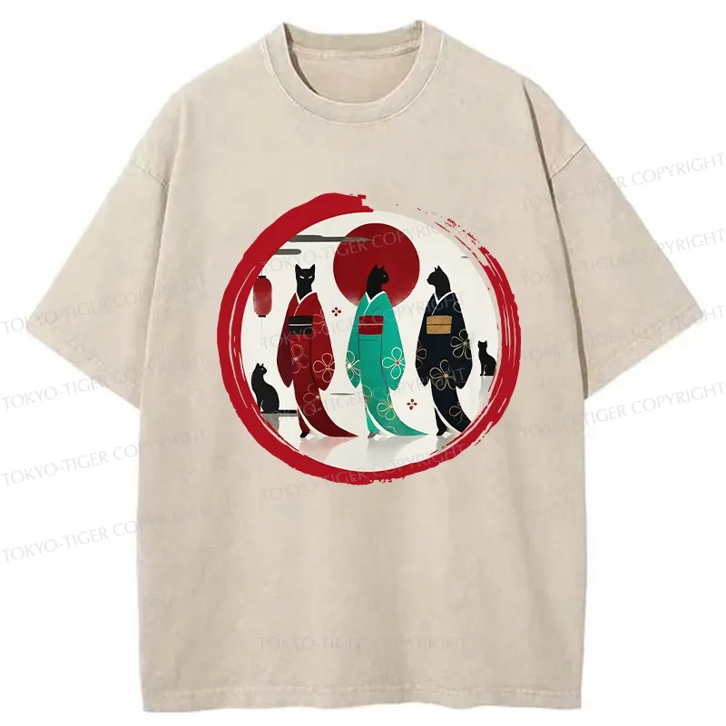 Tokyo-Tiger Black Cat Geisha Washed T-Shirt