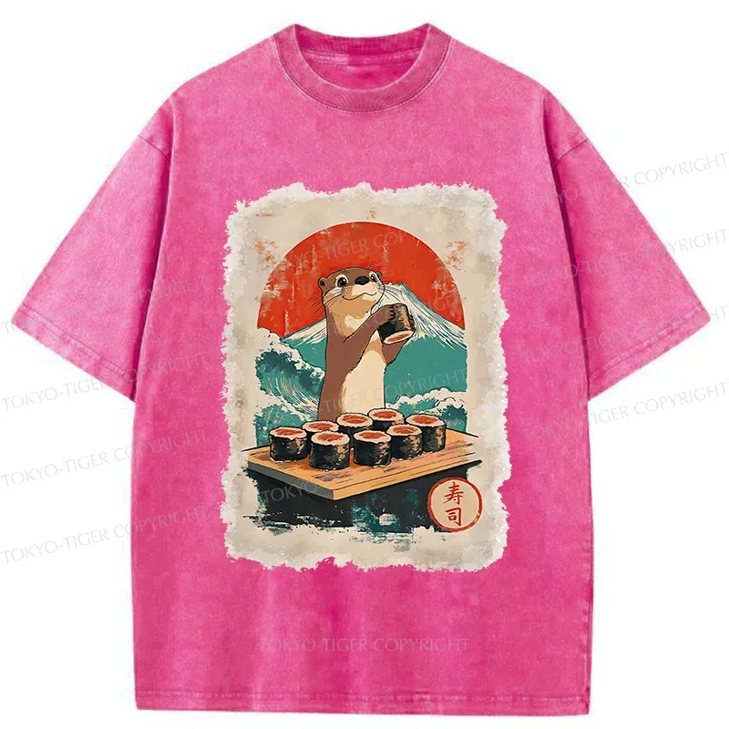 Tokyo-Tiger Otter Eating Sushi Washed T-Shirt