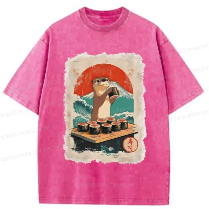 Tokyo-Tiger Otter Eating Sushi Washed T-Shirt