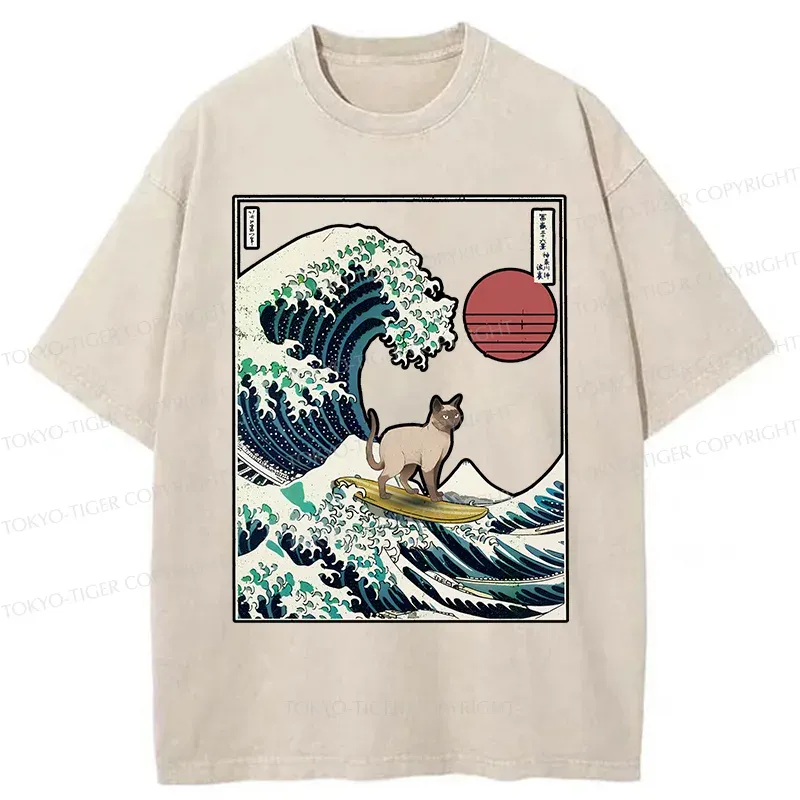 Tokyo-Tiger Siamese Cat Surfing Washed T-Shirt