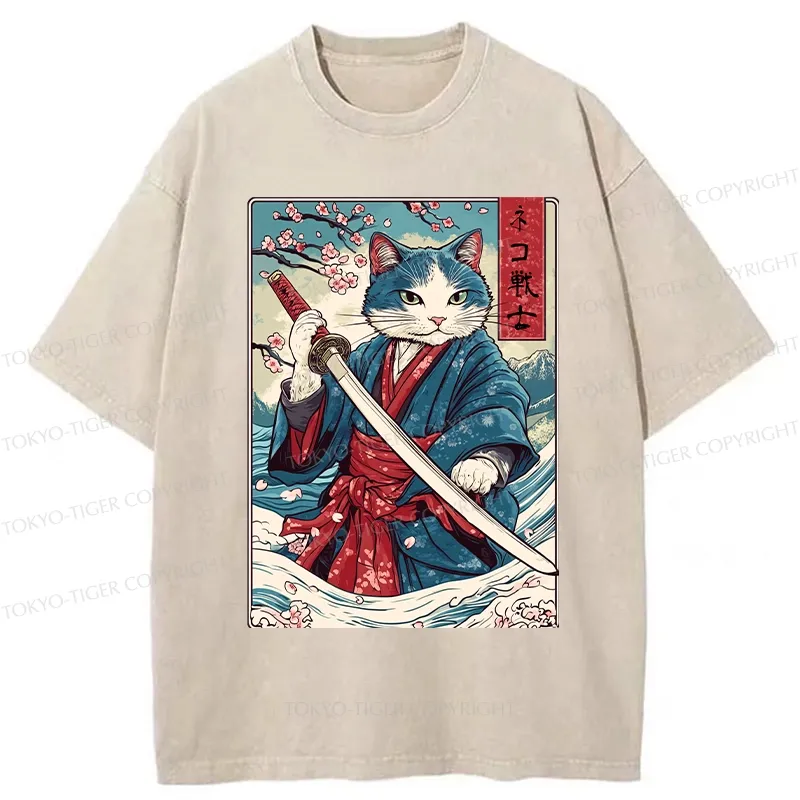 Tokyo-Tiger Japanese Cat Samurai Washed T-Shirt