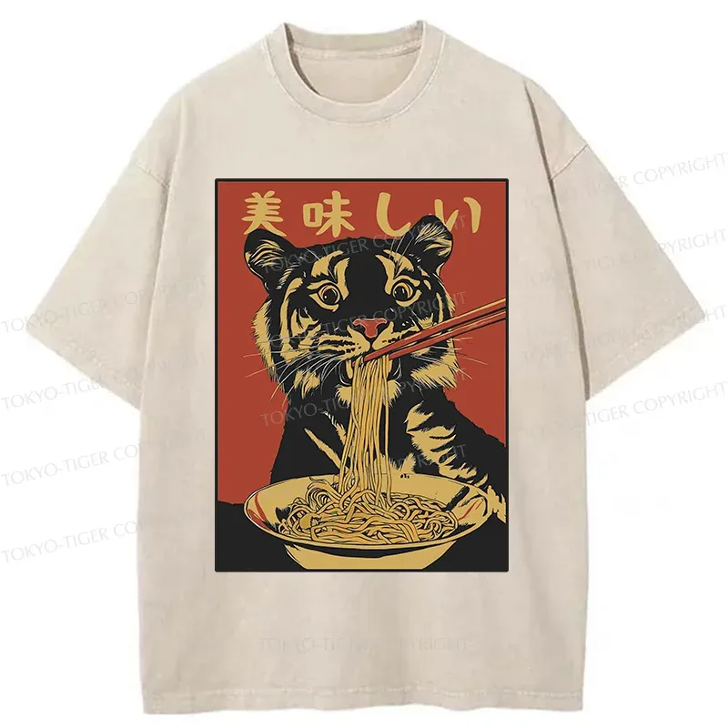 Tokyo-Tiger Tiger Eating Delicious Ramen Washed T-Shirt