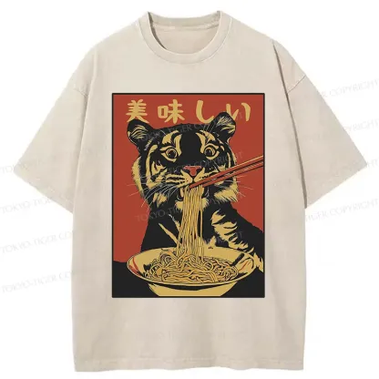 Tokyo-Tiger Tiger Eating Delicious Ramen Washed T-Shirt