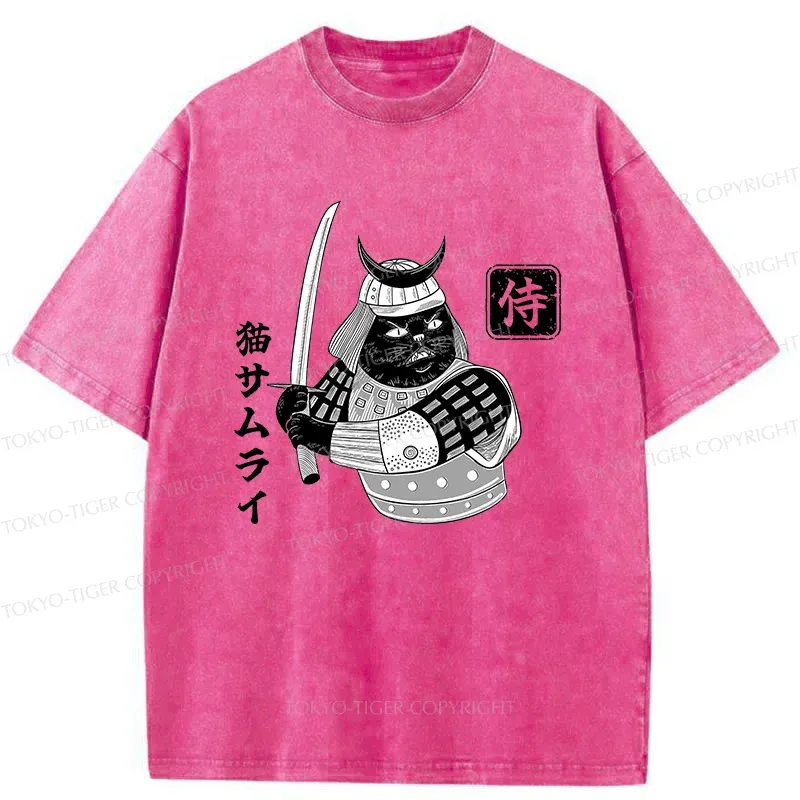Tokyo-Tiger Cat Samurai With Sword Washed T-Shirt