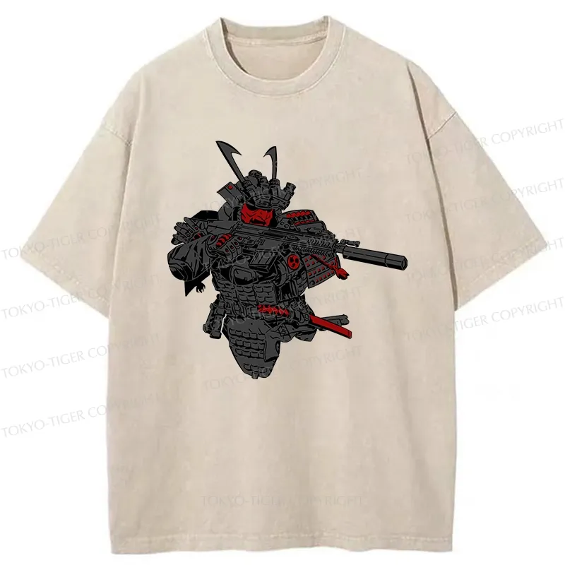 Tokyo-Tiger Samurai Holding A Gun Washed T-Shirt Sale