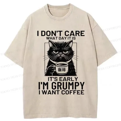 Tokyo-Tiger Funny Grumpy Cat Washed T-Shirt