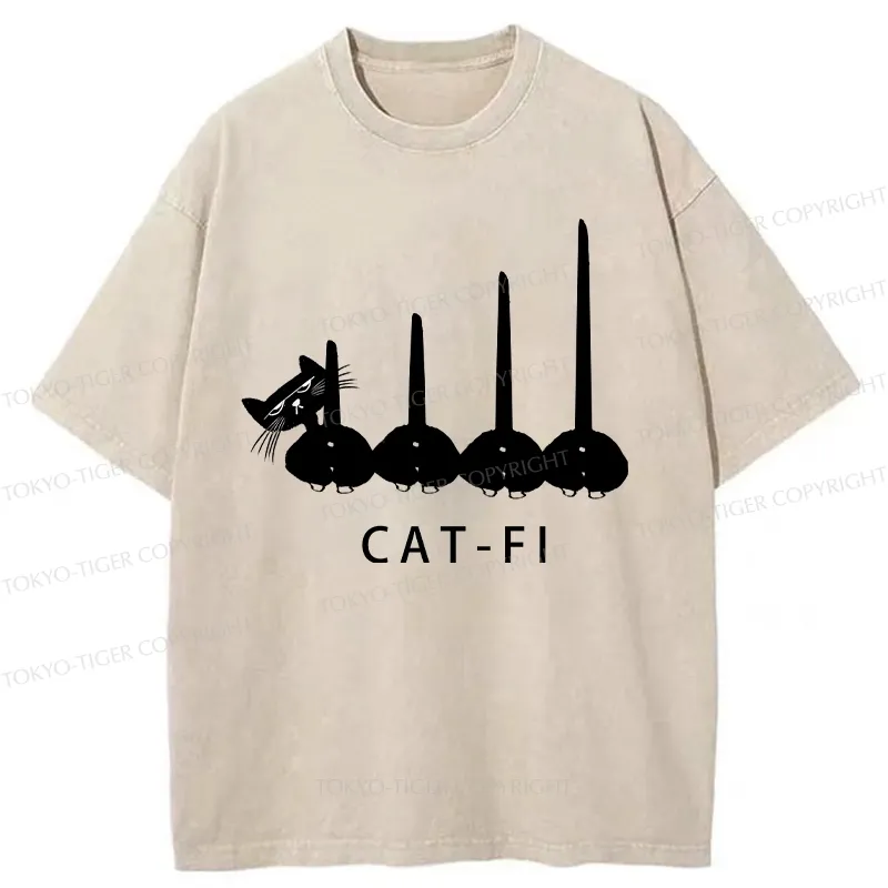 Tokyo-Tiger Funny CAT-FI Washed T-Shirt Sale