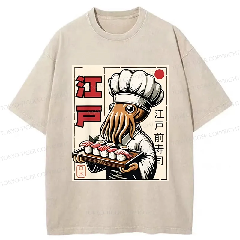 Tokyo-Tiger Octopus Chef Making Sushi Washed T-Shirt