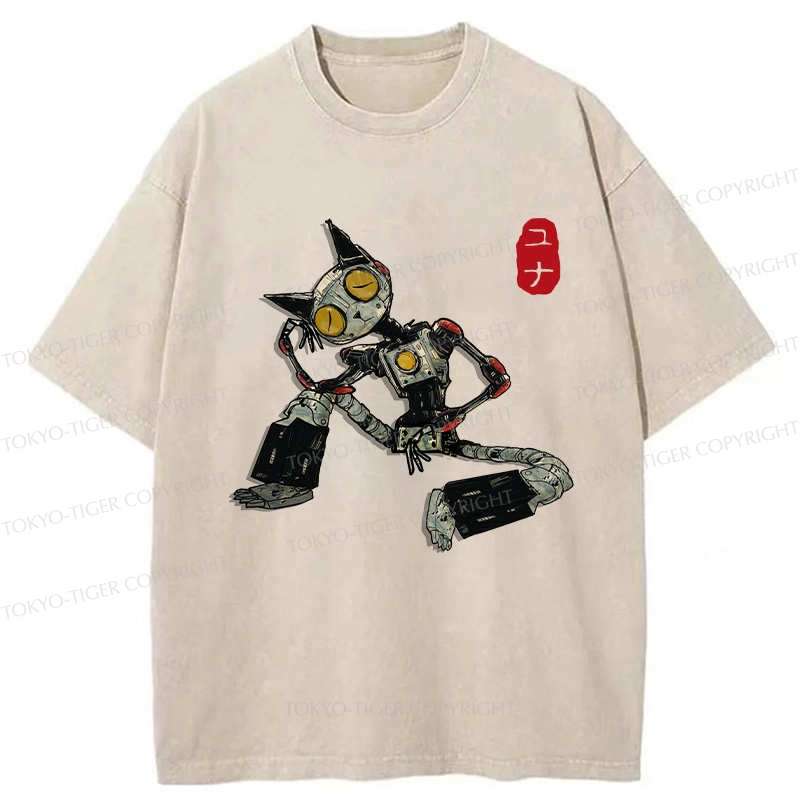 Tokyo-Tiger Contemplative Robot Cat Washed T-Shirt