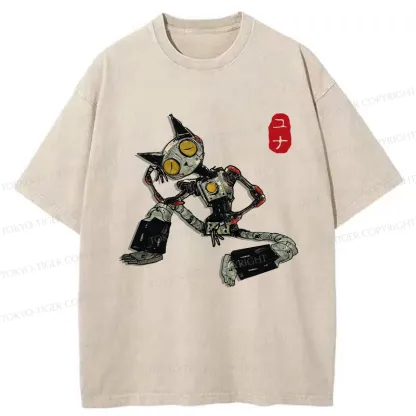 Tokyo-Tiger Contemplative Robot Cat Washed T-Shirt