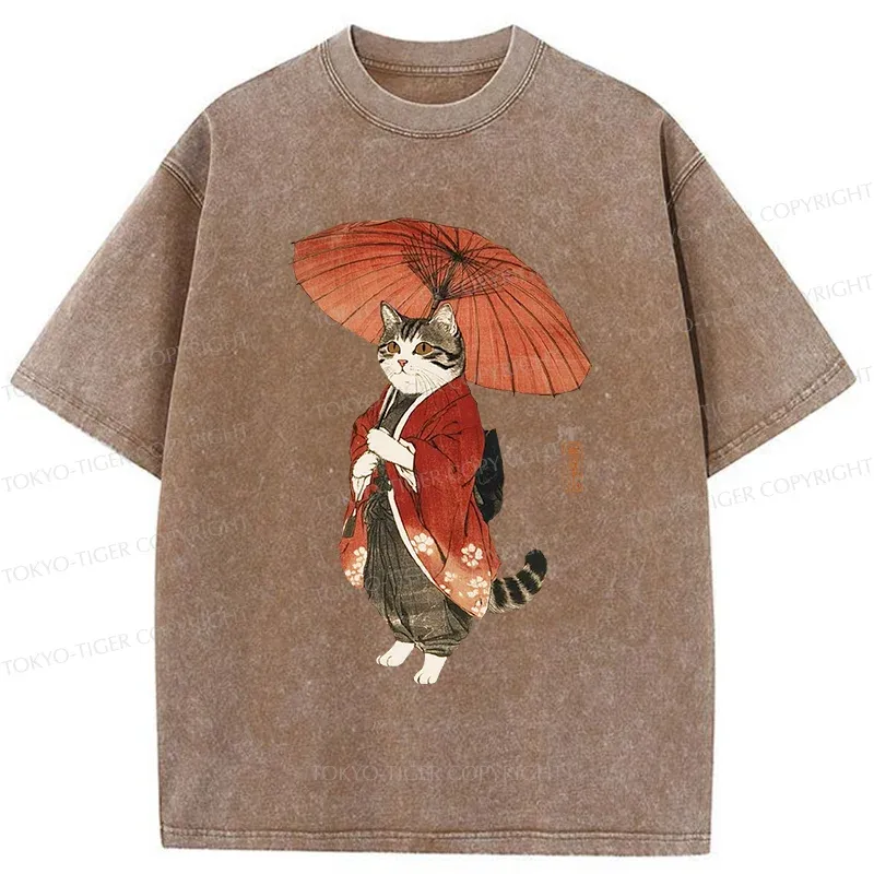 Tokyo-Tiger Elegant Cat Holding Umbrella Washed T-Shirt