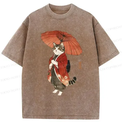 Tokyo-Tiger Elegant Cat Holding Umbrella Washed T-Shirt