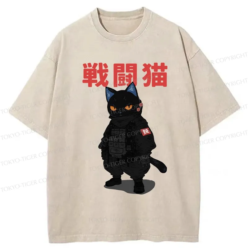Tokyo-Tiger Fighting Cat Washed T-Shirt Sale