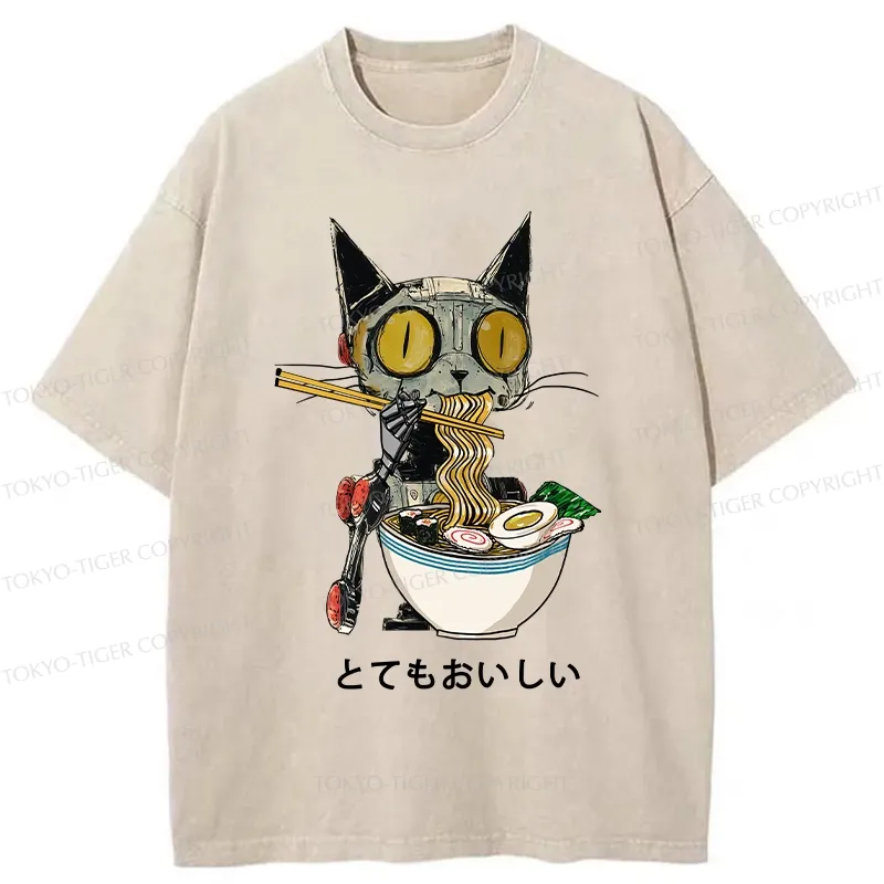 Tokyo-Tiger Ramen Lover Robot Cat Washed T-Shirt Sale