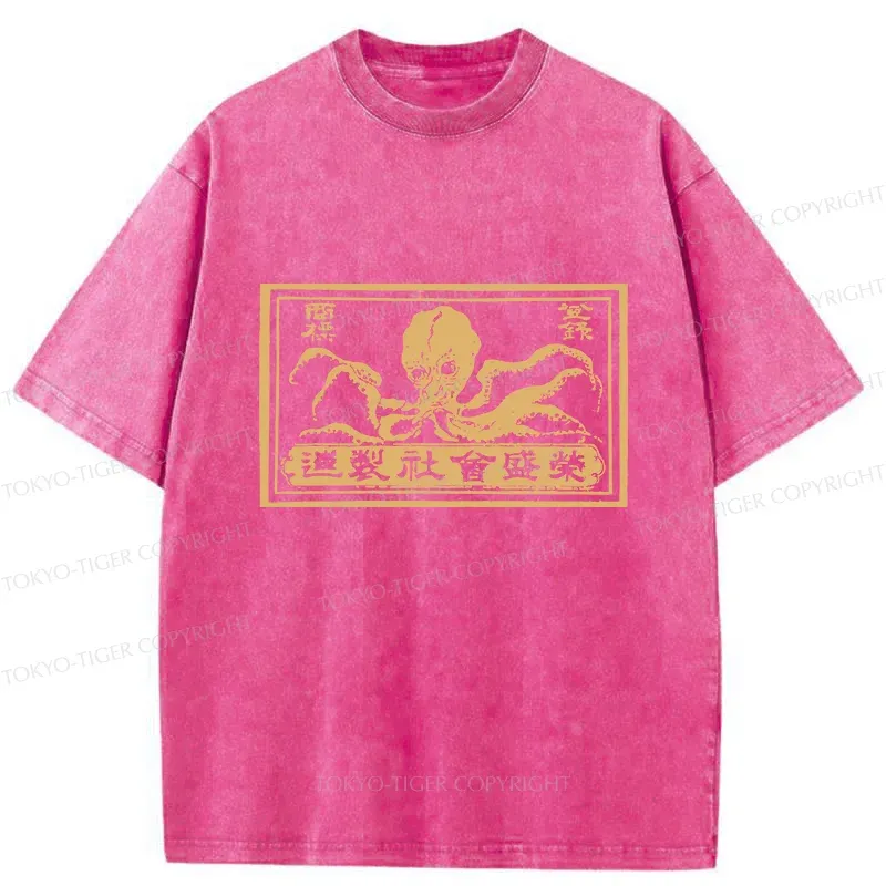 Tokyo-Tiger Woodcut Octopus Washed T-Shirt