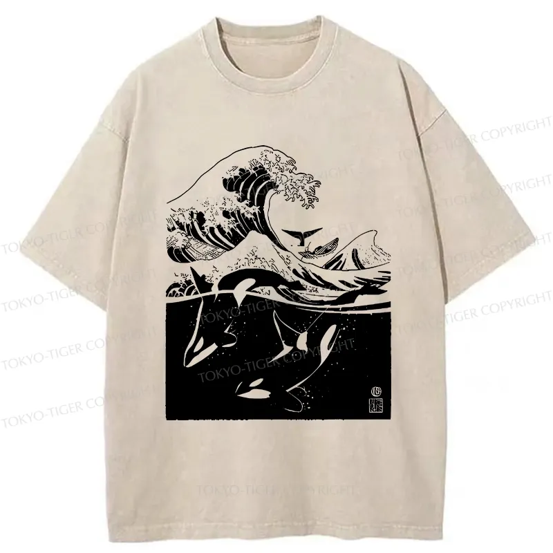 Tokyo-Tiger Whales In The Great Waves Washed T-Shirt
