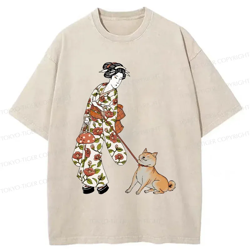 Tokyo-Tiger Geisha Walking Her Dog Washed T-Shirt