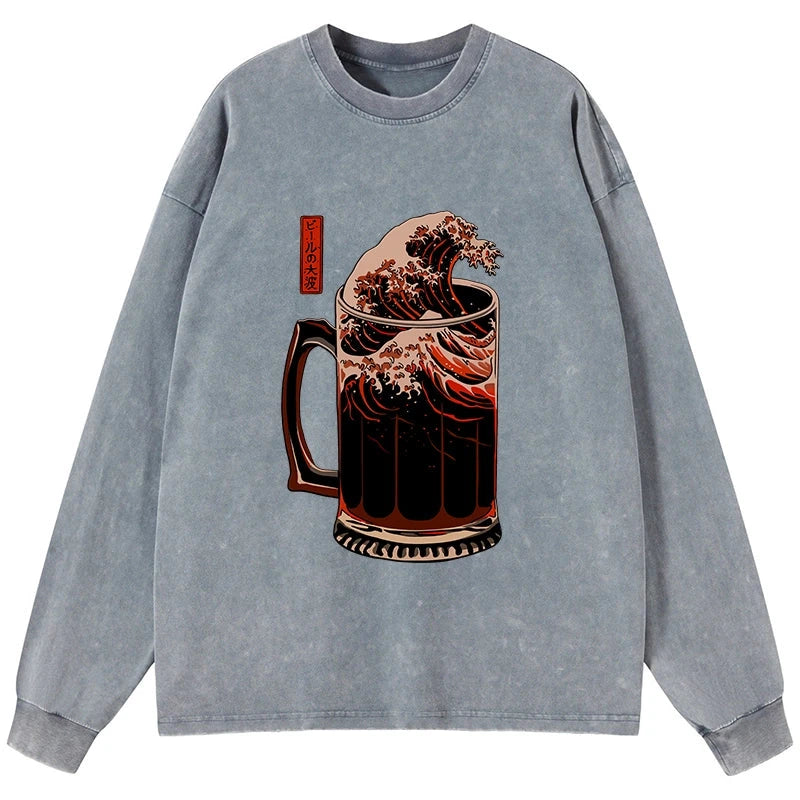 Tokyo-Tiger The Great Wave Of Beer Japanese Washed Long Sleeve T-Shirt