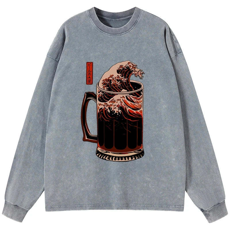 Tokyo-Tiger The Great Wave Of Beer Japanese Washed Long Sleeve T-Shirt