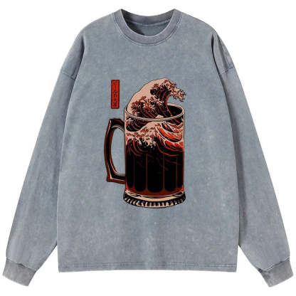Tokyo-Tiger The Great Wave Of Beer Japanese Washed Long Sleeve T-Shirt