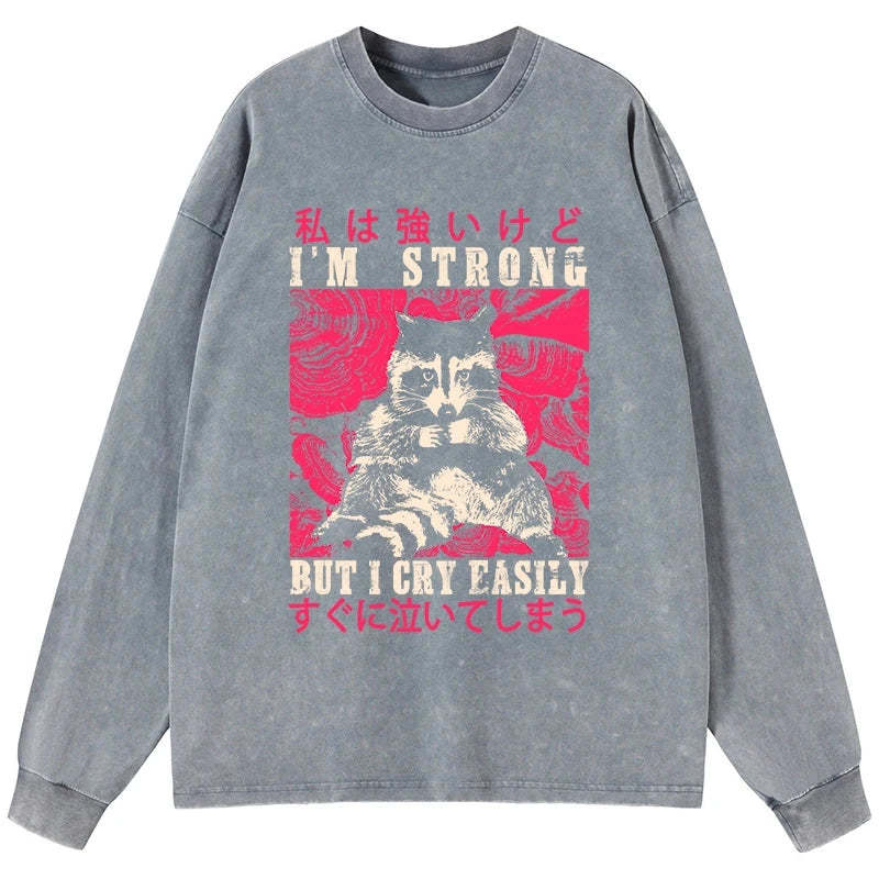 Tokyo-Tiger I Am Strong Raccoon Washed Long Sleeve T-Shirt
