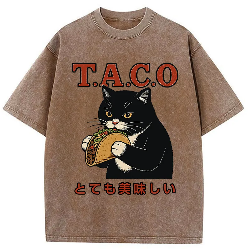 Tokyo-Tiger Cat Eating Taco Washed T-Shirt