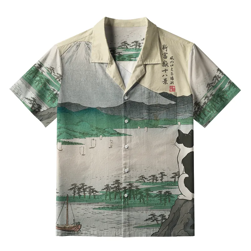 Tokyo-Tiger Cat Overlooking Lakeside View Aloha Hawaiian Shirt