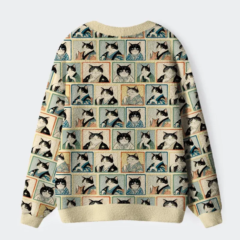 Tokyo-Tiger Japanese Cat Headshot Ugly Cardigan Sweater