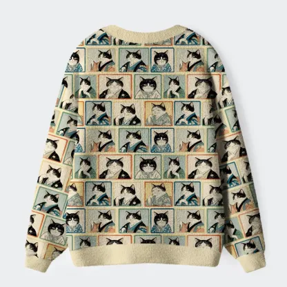 Tokyo-Tiger Japanese Cat Headshot Ugly Cardigan Sweater