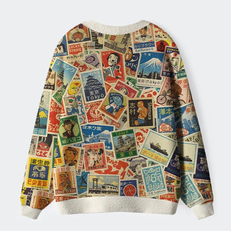 Tokyo-Tiger Japanese Vintage Stamps Ugly Cardigan Sweater