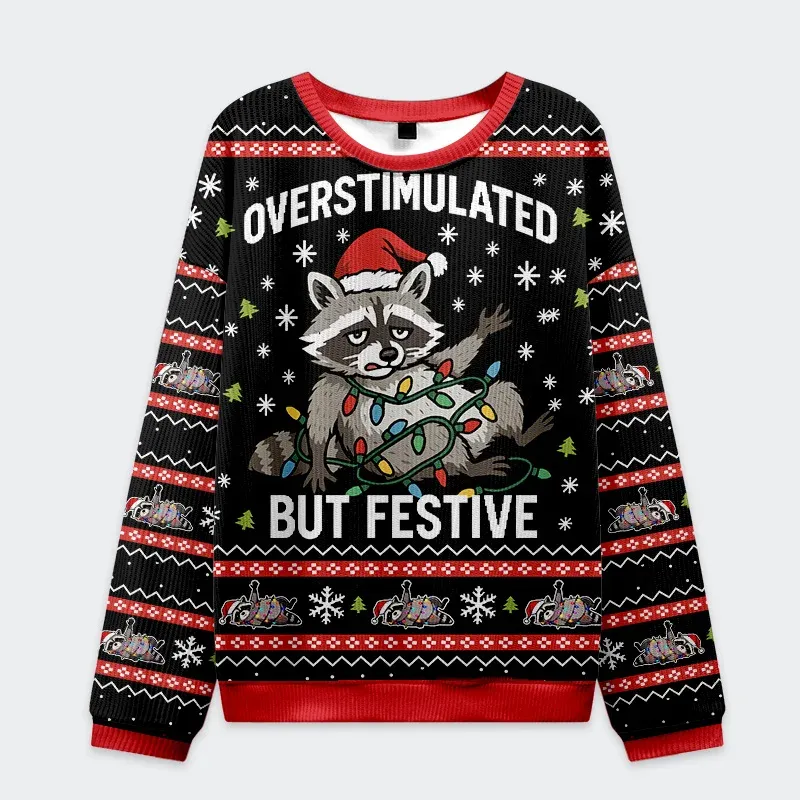 Tokyo-Tiger Raccoon Tangled In LED Strip Light Christmas Ugly Sweatshirt