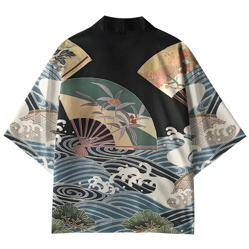 Tokyo-Tiger Kanagawa Wave Hand Fan Kimono Cardigan
