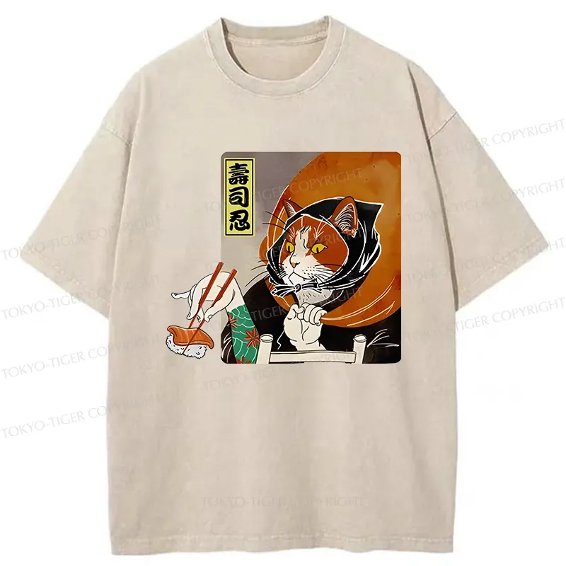 Tokyo-Tiger Sushi Ninja Cat Washed T-Shirt
