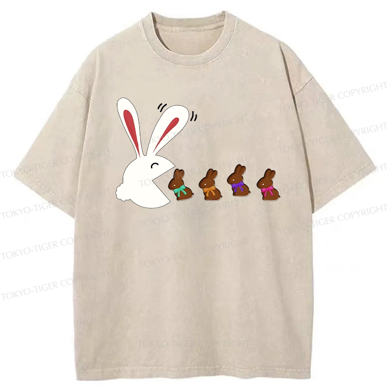 Tokyo-Tiger Funny Eating Chocolate Bunny Washed T-Shirt