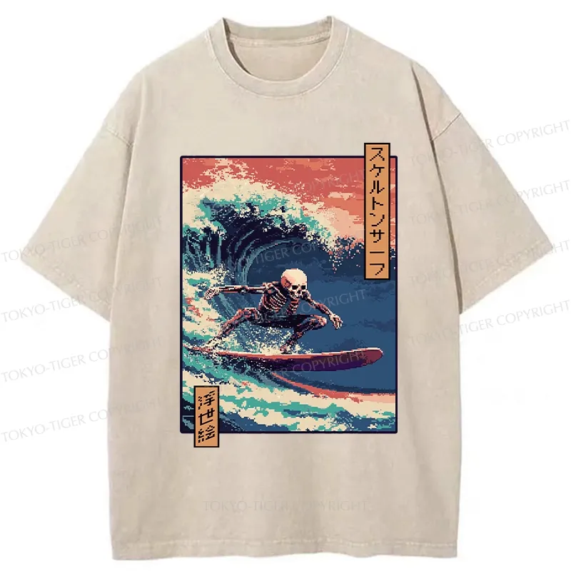 Tokyo-Tiger Skeleton Surfing Washed T-Shirt