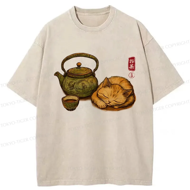 Tokyo-Tiger Tea Ceremony With Cat Washed T-Shirt