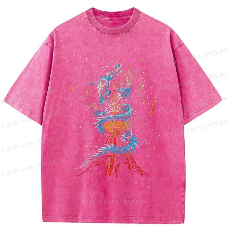 Tokyo-Tiger Dragon And Tokyo Tower Washed T-Shirt
