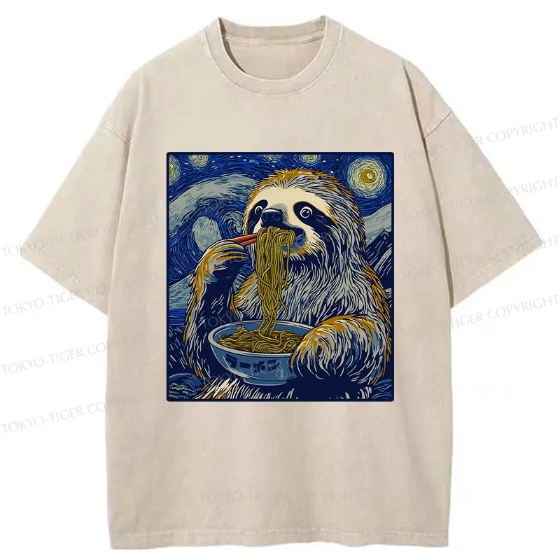 Tokyo-Tiger Ramen Lover Cute Sloth Washed T-Shirt
