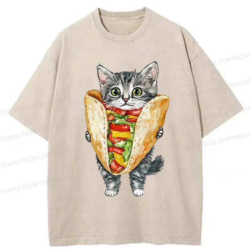 Tokyo-Tiger Kawaii Taco Cat Washed T-Shirt Sale