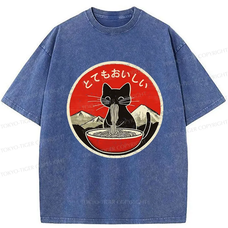 Tokyo-Tiger Cat Eating Yummy Ramen Washed T-Shirt