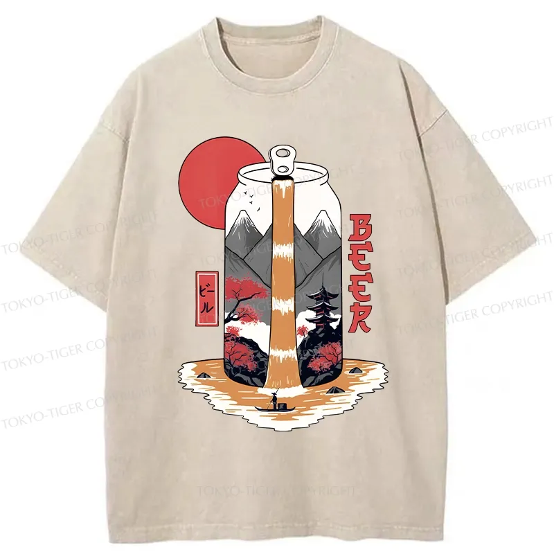 Tokyo-Tiger Japanese Retro Beer Landscape Washed T-Shirt