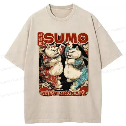 Tokyo-Tiger Wrestling Sumo Cats Washed T-Shirt
