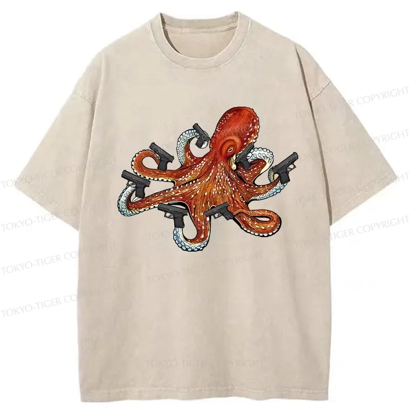 Tokyo-Tiger Funny Octopus With Guns Washed T-Shirt