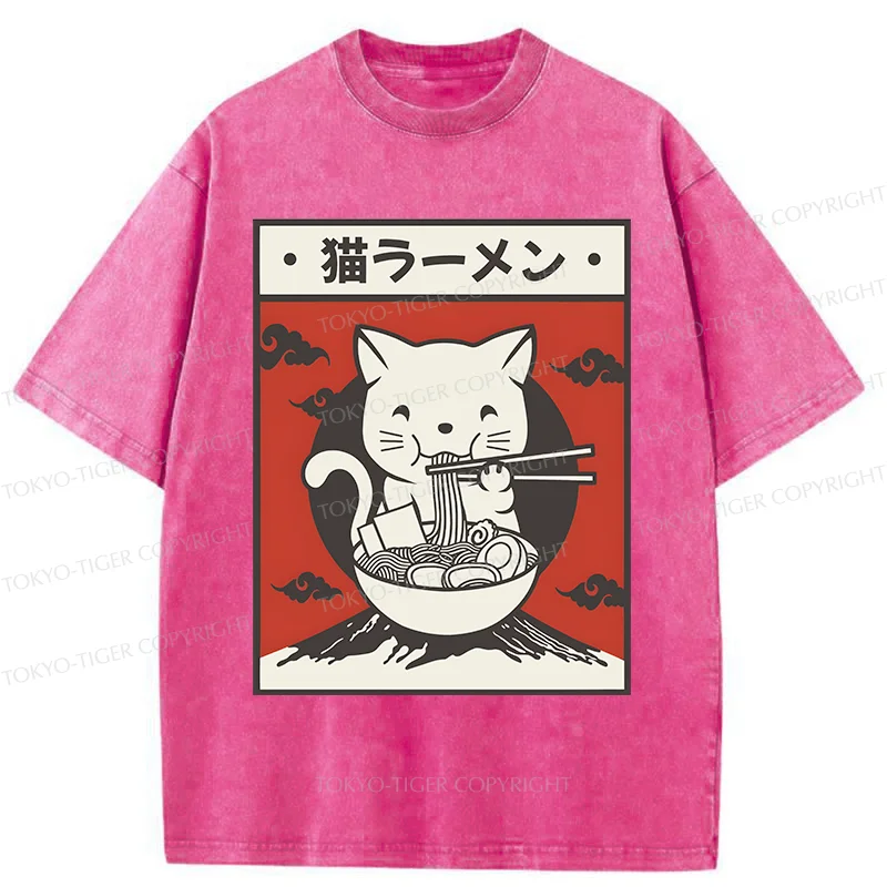 Tokyo-Tiger Retro White Cat Eating Ramen Washed T-Shirt